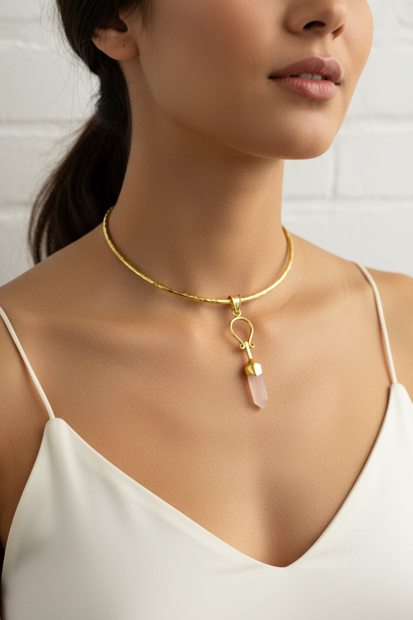 Harmony Gold Musicaith Rose Quartz with Brass Gold Necklace
