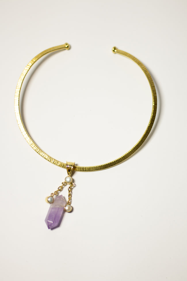 3 Pearl with Chain Hanging Quartz with Brass Gold Necklace