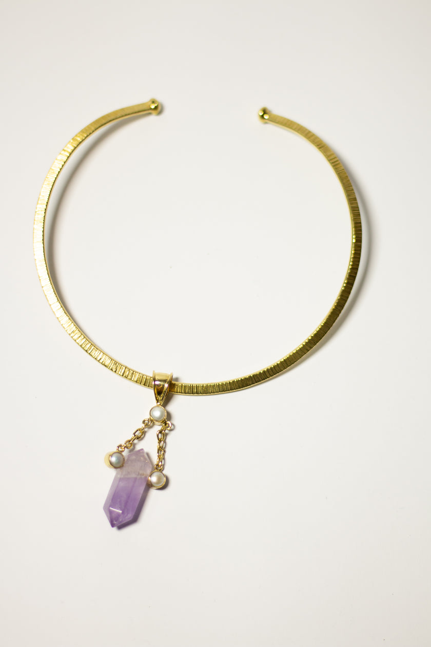 3 Pearl with Chain Hanging Quartz with Brass Gold Necklace