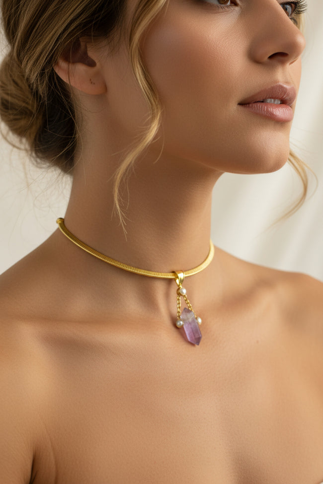 3 Pearl with Chain Hanging Quartz with Brass Gold Necklace