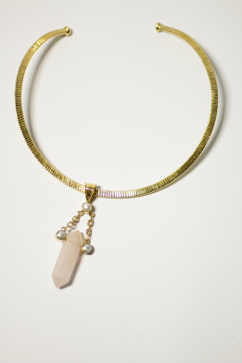 3 Pearl with Chain Hanging Quartz with Brass Gold Necklace