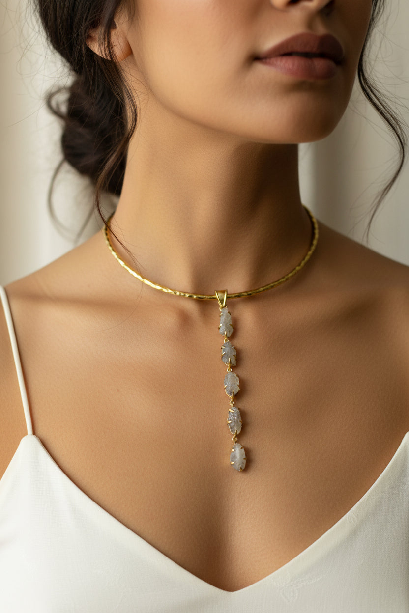 5 Stone Kundalini with Labradorite Pendant with Brass Gold Necklace