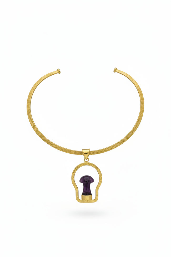 Mushroom Cage Hammered with Gold Brass Necklace