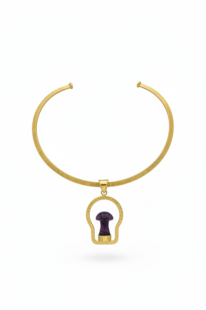 Mushroom Cage Hammered with Gold Brass Necklace