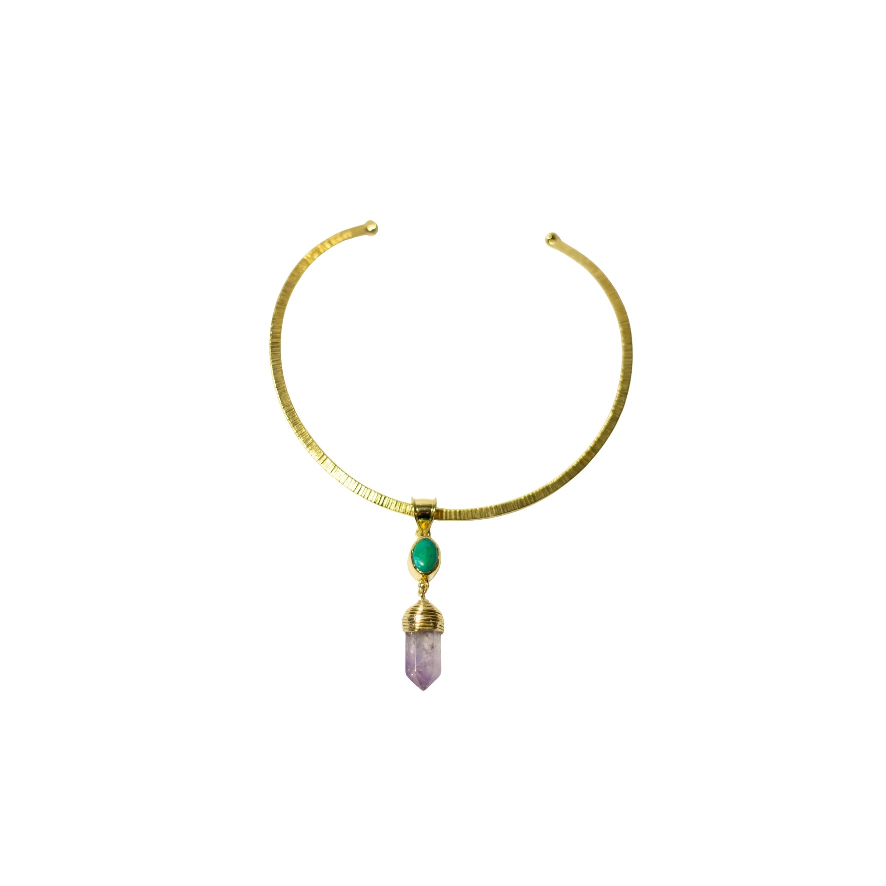 Green Ocean Jasper And Ponty Amethyst Crystal With Gold Brass Necklace.