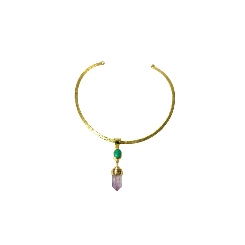 Green Ocean Jasper And Ponty Amethyst Crystal With Gold Brass Necklace.