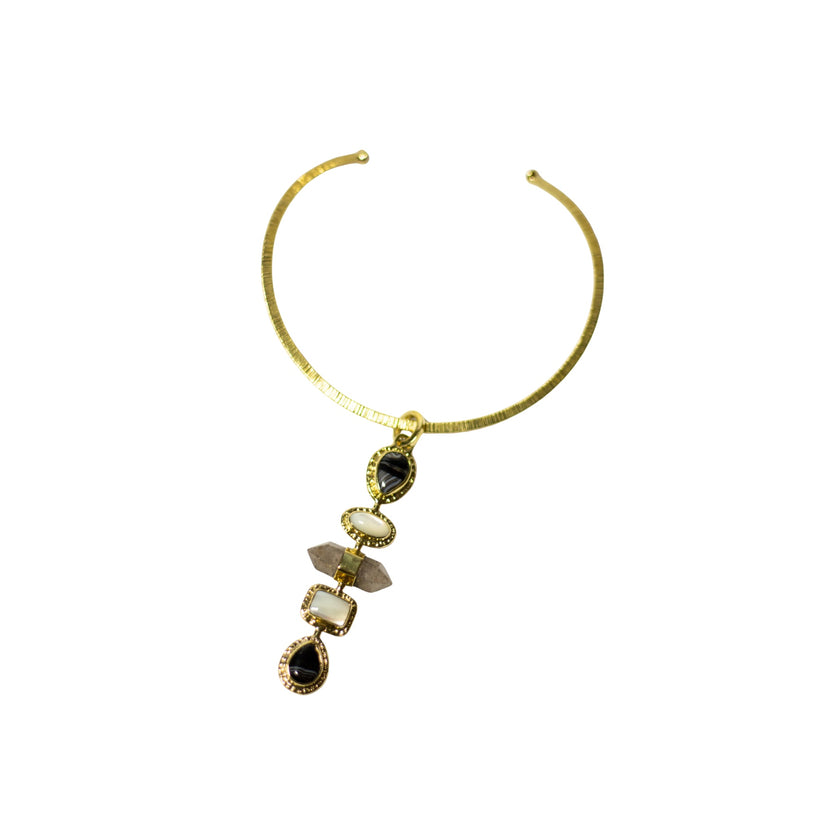 Black Lace Agate, Pointy Crystal, Mother Of Pearl With Gold Brass Necklace