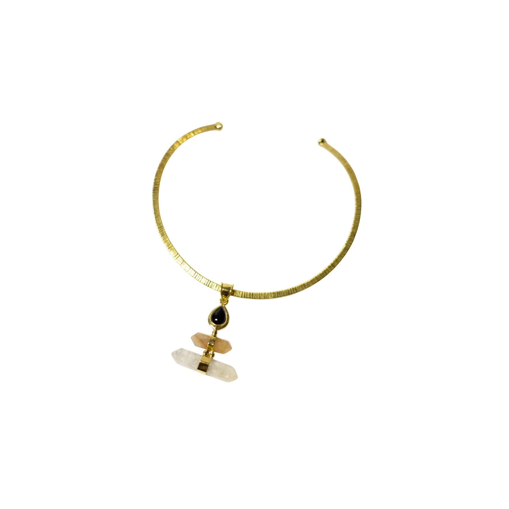 Black Onyx, Citrine, Pointy Clear quartz With Gold Brass Necklace