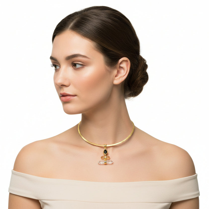 Breath 3 Gemstone Assorted Pendant with Brass Gold Necklace