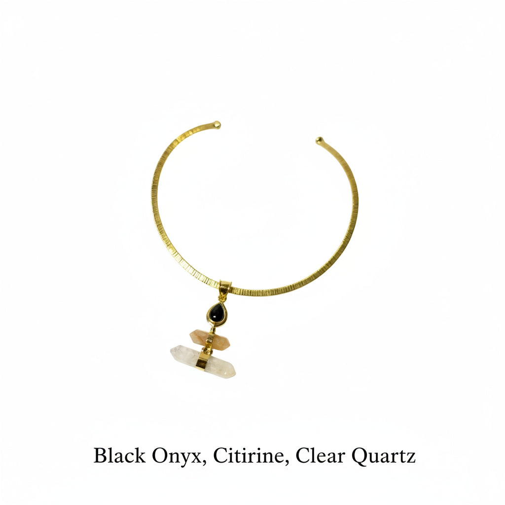 Breath 3 Gemstone Assorted Pendant with Brass Gold Necklace