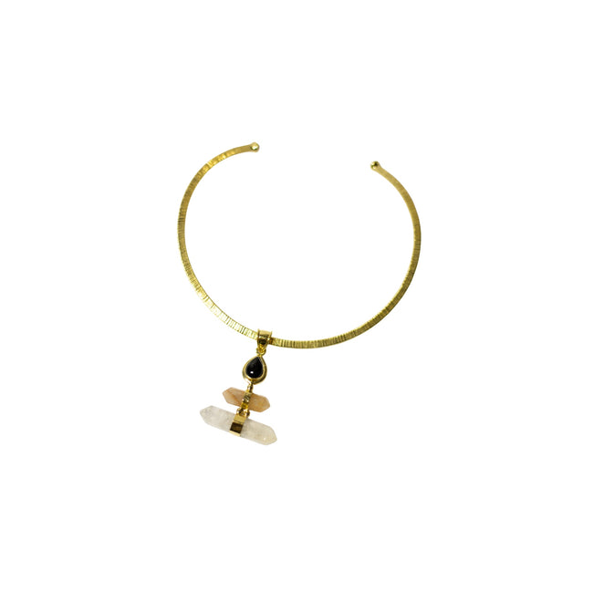 Black Onyx, Citrine, Pointy Clear quartz With Gold Brass Necklace