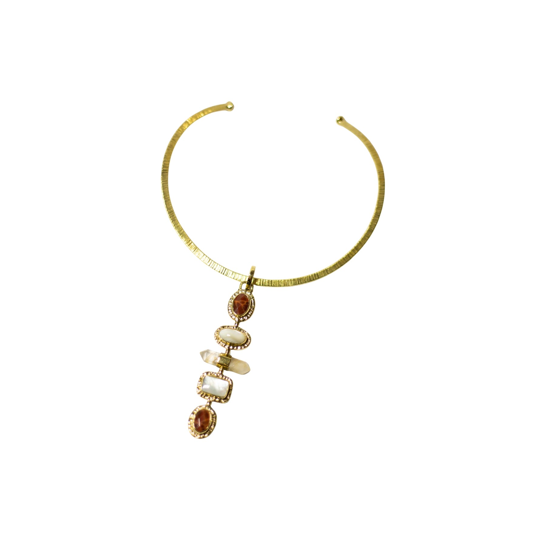 Fire Agate, Mother Of Pearl, Strawberry quartz With Gold Brass Necklace.
