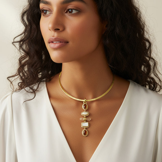 5 Stone Pendant With Gold Brass Necklace