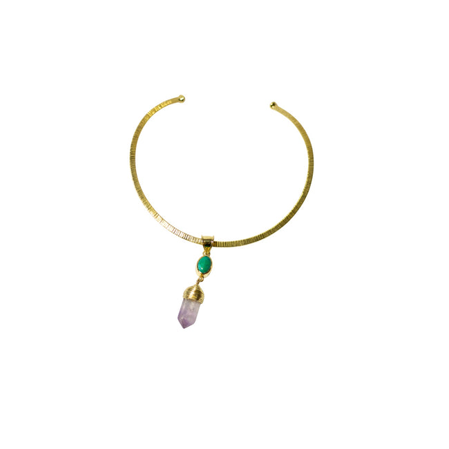 Green Ocean Jasper And Ponty Amethyst Crystal With Gold Brass Necklace.