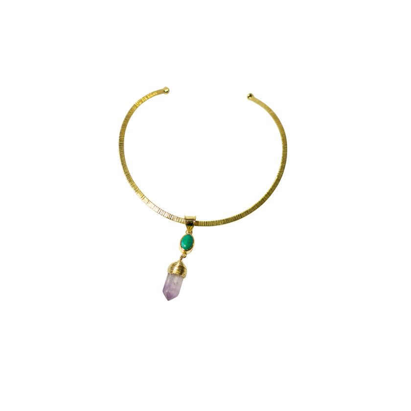 Green Ocean Jasper And Ponty Amethyst Crystal With Gold Brass Necklace.
