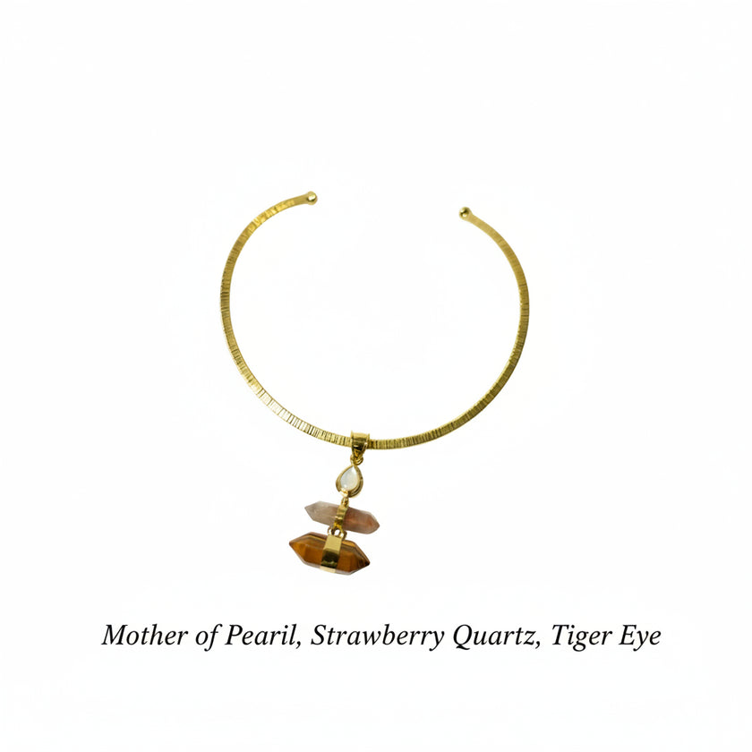Breath 3 Gemstone Assorted Pendant with Brass Gold Necklace