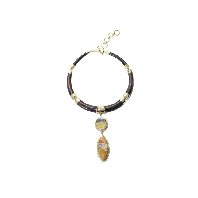 Sacred Balinese Ebony Wood with Bumblebee & Mookaite Jasper Gold Brass Necklace