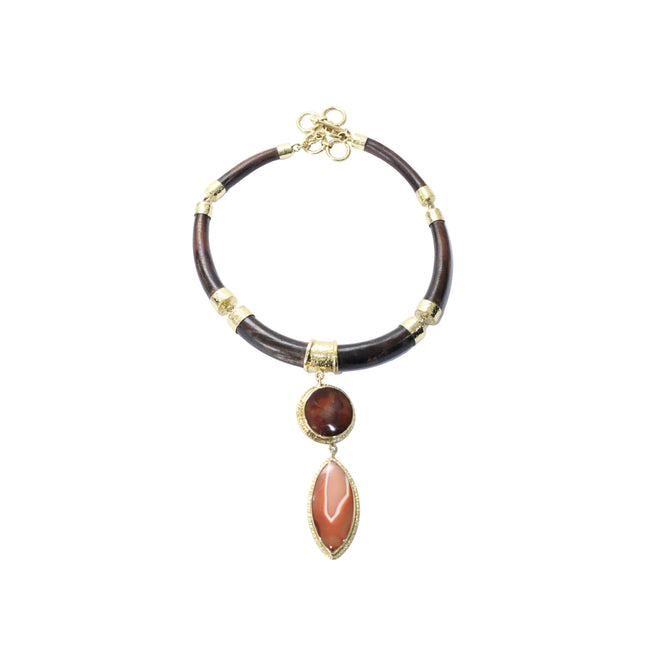 Sacred Balinese Ebony Wood with Brown agate & Brown agate druzy Gold Brass Necklace