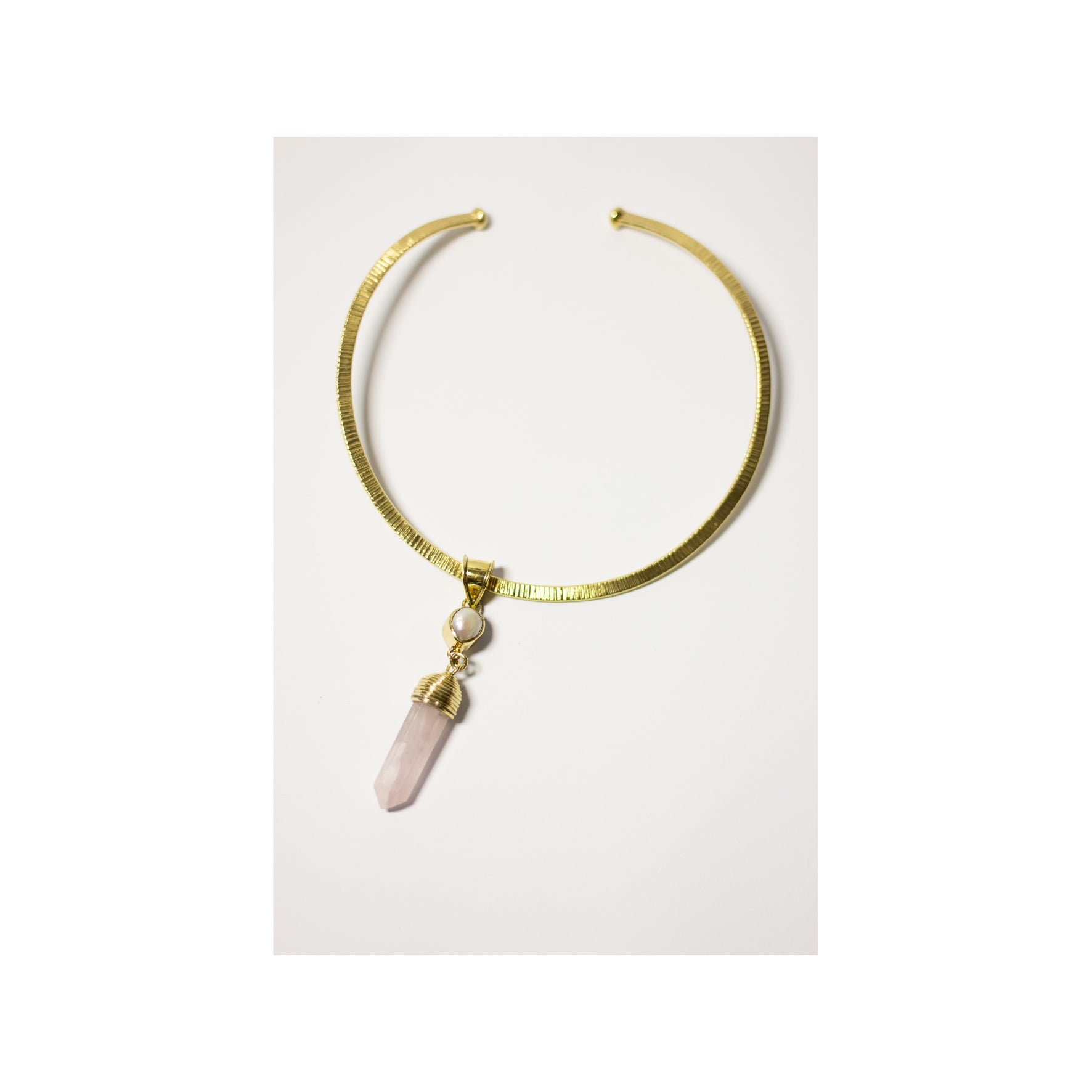 Fresh Water Pearl  And Pointy Rose Quartz  With Gold Brass Necklace.
