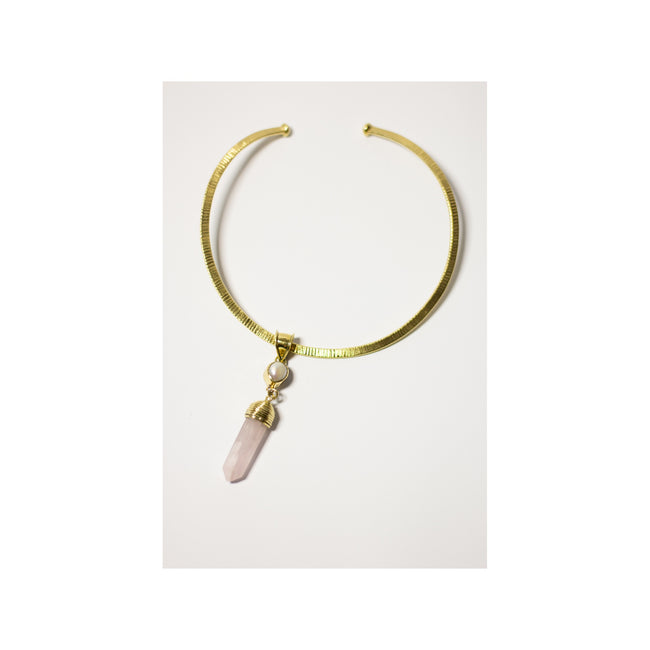 Fresh Water Pearl  And Pointy Rose Quartz  With Gold Brass Necklace.