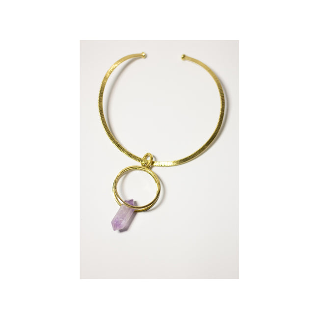 Double Gold Brass Rings & Pointy Amethyst  With Gold Brass Necklace.