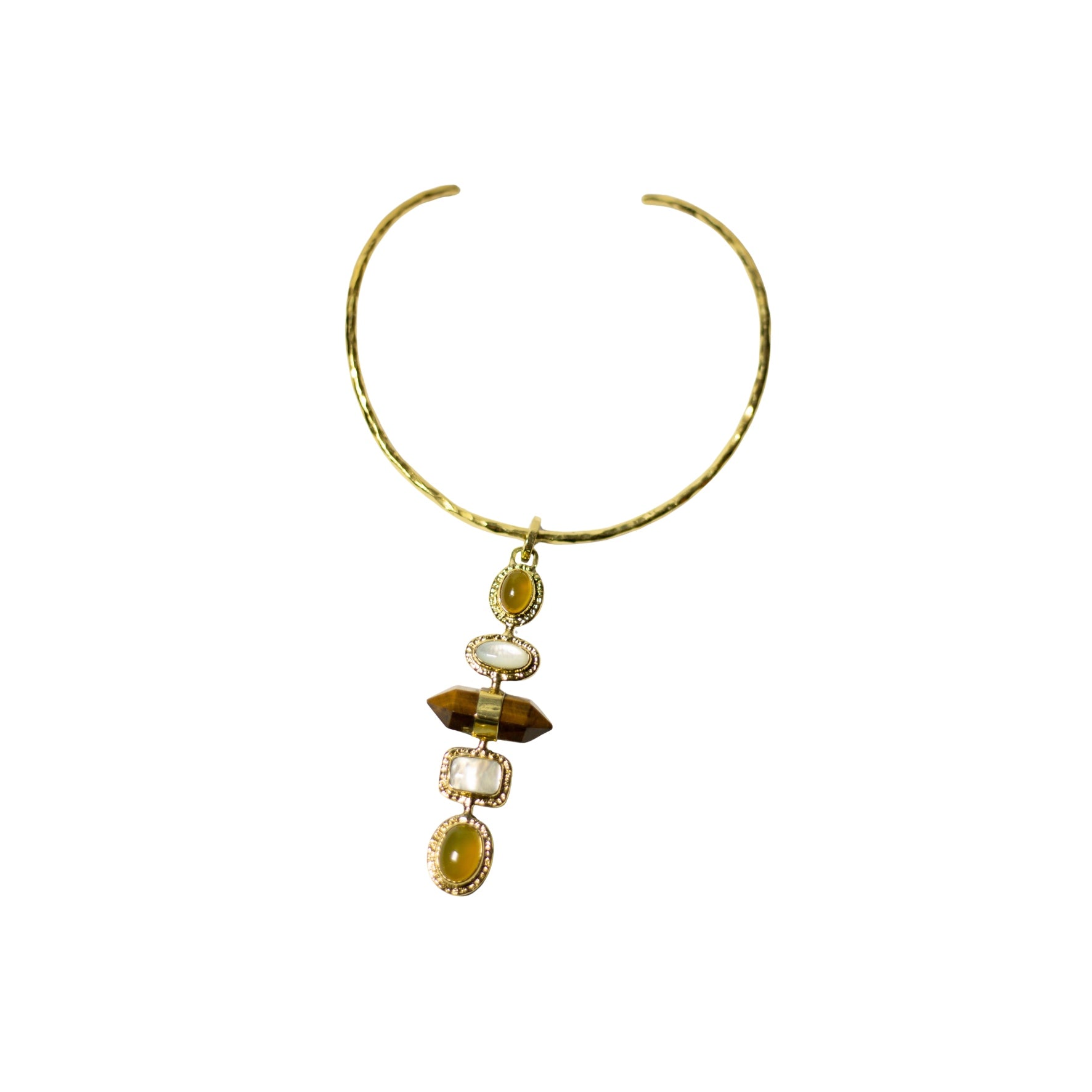 Yellow Agate, Mother Of Pearls, Pointy Tiger Eye With Gold Brass Necklace.