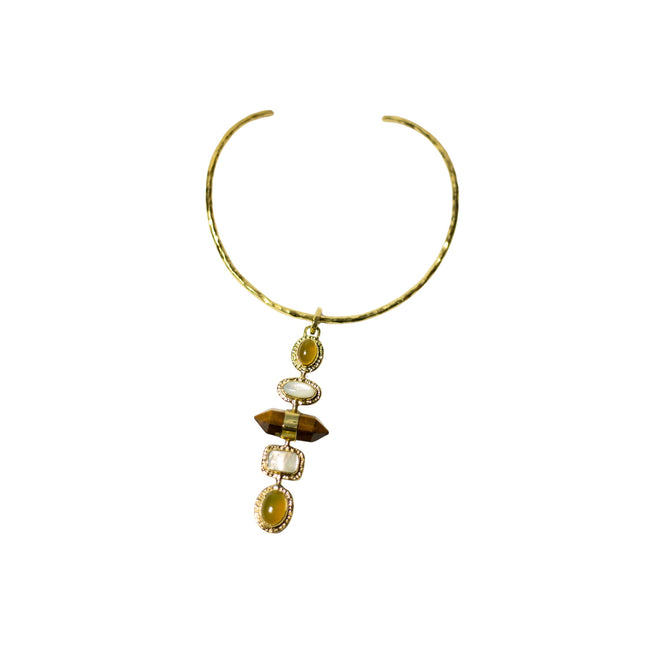Yellow Agate, Mother Of Pearls, Pointy Tiger Eye With Gold Brass Necklace.