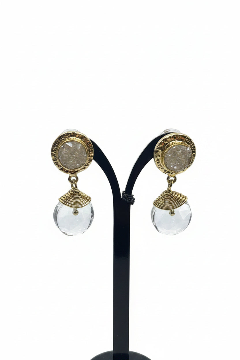 Clear Quartz With Gold Brass Earrings